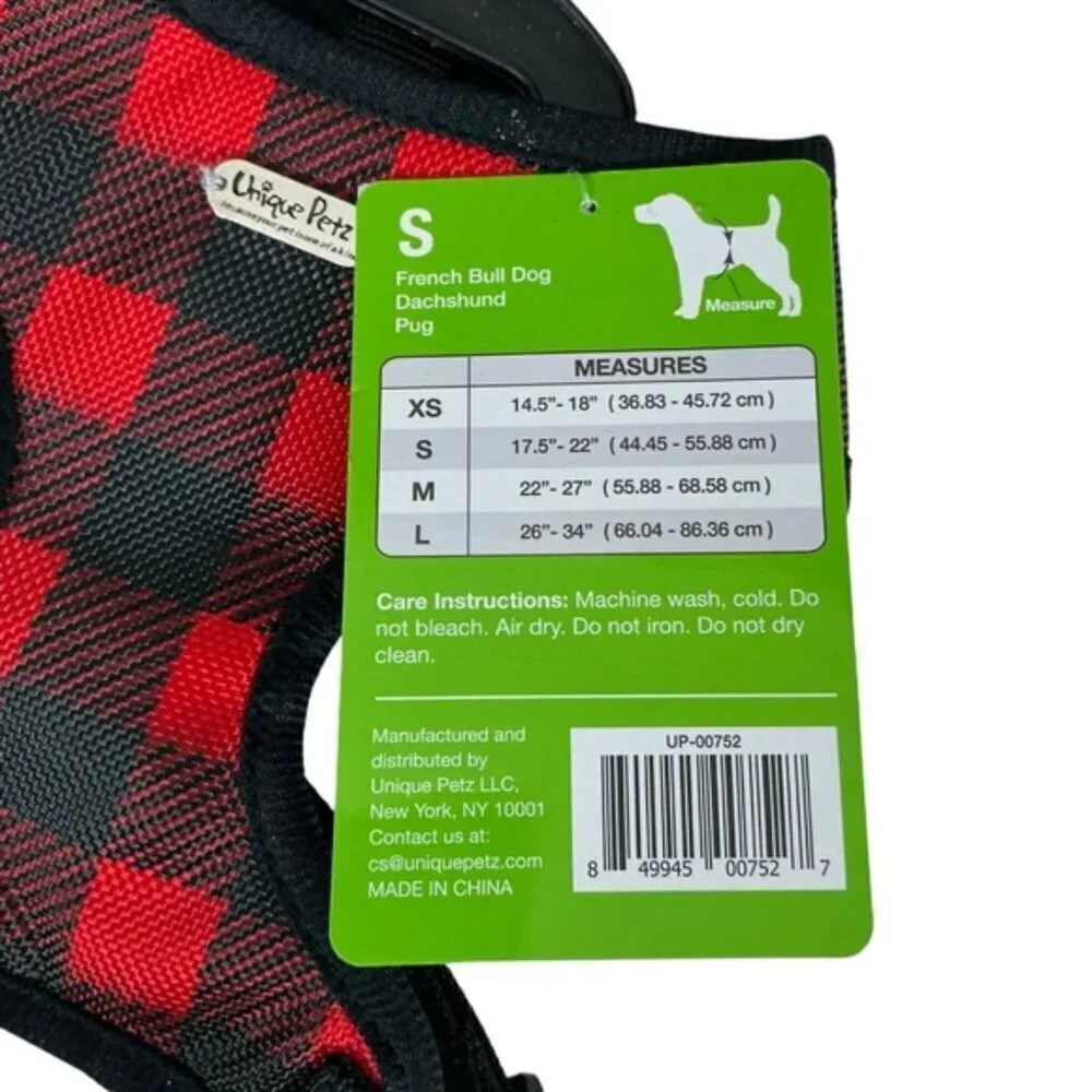 Unique Petz Dog Small Harness Adjustable Comfy Tartan Plaid Red Black SZ S
